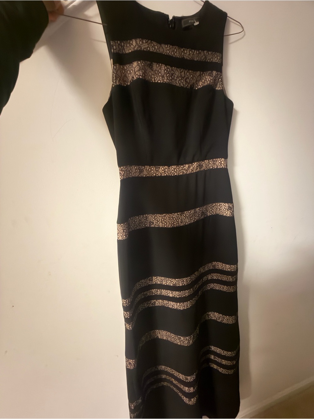BCBG Black Midi Dress with Metallic Gold Lace Stripes